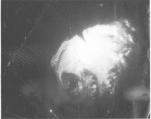 Grayscale photograph of a radar scope showing the structure of Hurricane Flora