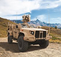 Oshkosh L-ATV in M1278 Heavy Guns Carrier JLTV configuration and equipped with M153 CROWS II remote weapon system integrated with M2 Browning .50 Caliber heavy machine gun