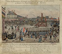 The execution of Couthon; the body of Adrien Nicolas Gobeau, ex-substitute of the public accuser Fouquier and member of the Commune, the first who suffered, is shown lying on the ground;[472][better source needed] Robespierre (#10) is shown holding a handkerchief to his mouth. Hanriot (#9) is covering his eye, which came out of its socket when he was arrested.