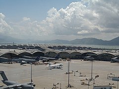 View of the outside. A Boeing C-17 Globemaster is in the lower left corner