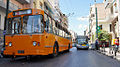 Image 198A ZiU-9 trolleybus in service in Piraeus, Greece, on the large Athens-area trolleybus system. The Russian-built ZiU-9 (also known as the ZiU-682), introduced in 1972, is the most numerous trolleybus model in history, with more than 45,000 built. In the 2000s it was effectively rendered obsolete by low-floor designs. (from Trolleybus)