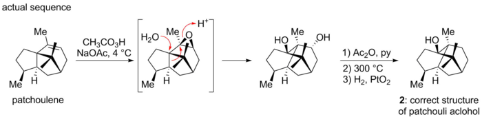 Actual sequence for the synthesis of patchouli alcohol. Contains embedded bicyclo[2.2.2]octane motif.