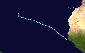 A map of the east Atlantic displays the track and intensity of the hurricane. Fred originated along the West Africa coast, then moved mostly northwest to west-northwest through the Cape Verde Islands, and finally headed out to the open Atlantic.