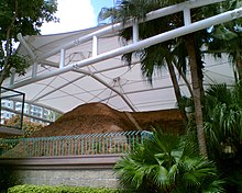 Outside view of an ancient tomb museum with protective canopy