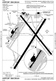 A map with a grid overlay showing the terminals runways and other structures of the airport.