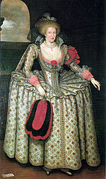 Painting of a woman in an ornate wheel farthingale-style dress