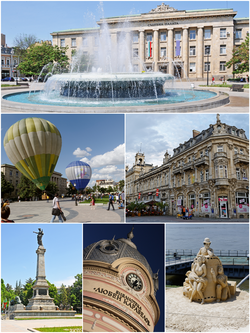 Top: Ruse Courthouse Middle left: Ruse Street Ballons Festival Middle right: Dohodno Zdanie (Sava Ornianov Theater) Bottom left: Monument of Freedom Bottom middle: Lyuben Karavelov Library Bottom right: Ruse International Sand Sculpture Festival