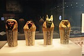 Complete set of canopic jars decorated with hieroglyphics; 744–656 BC; painted sycomore fig wood; height: 28 cm; British Museum (London)