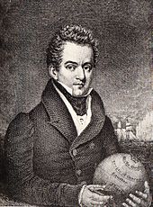 Head and shoulders portrait of a man, mid-thirties, with a high forehead and a stern glance, as he looks out of the picture though turned half to the right. He is wearing a heavy topcoat, stock and high winged collar, and is holding a globe in his hands.