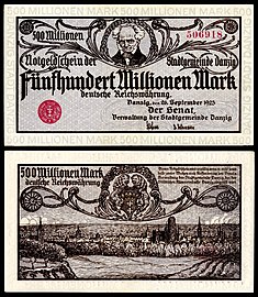 Schopenhauer depicted on a 500 million Danzig papiermark note (1923).