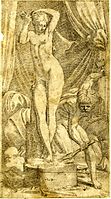 Pygmalion and Galatea: a sculptor, naked, busy working on a statue of a naked woman. c.1540/45. Etching, after Primaticcio. Height: 235 millimetres (trimmed)