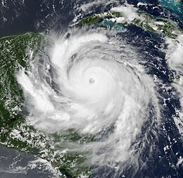 A view of Hurricane Dean as a Category 5 hurricane on August 20, 2007. The storm had a clear and well-developed eye, consecutive banding features and intense convection.