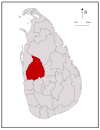 Area map of Kurunegala District, to the west of the centre of the country with its northern border extending towards the north west, in the North Western Province of Sri Lanka