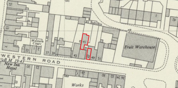 Map of Western Road, Littlehampton, showing the locations of 47 and 49; number 45 is set back, accessible through a small alleyway