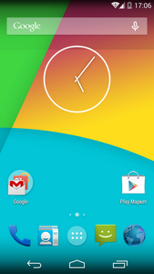 Android display with an analog-style clock (albeit generated by a digital computer) in the middle, and a digital-style in the top right corner