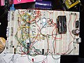 A binary clock, hand-wired on breadboards