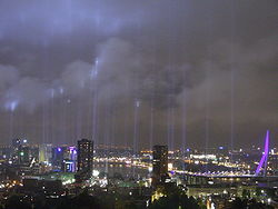 Skyline of Rotterdam with lights commemorating the Rotterdam Blitz