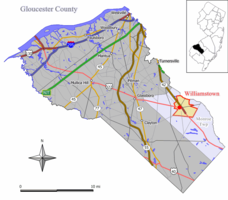 Map of Williamstown CDP in Gloucester County. Inset: Location of Gloucester County in New Jersey.