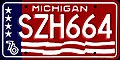 Special Michigan license plate design issued in honor of the bicentennial. Plates of this design were standard issue for all passenger cars registered in Michigan receiving new plates in 1976.