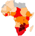 Map of Africa colored according to the percentage of the adult (ages 15–49) population with HIV/AIDS.[38]