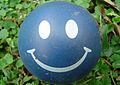 Artwork on this ball is a common abstract representation of a smiling face.