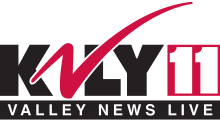 Bold letters K, L and Y in black. The V is instead a large red checkmark. To the right is a bold white 11 in a red box, and beneath all of this is a black box with the words "Valley News Live" in thinner sans-serif text.