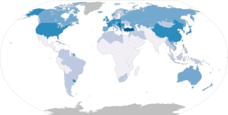 World map with countries in one of five colors