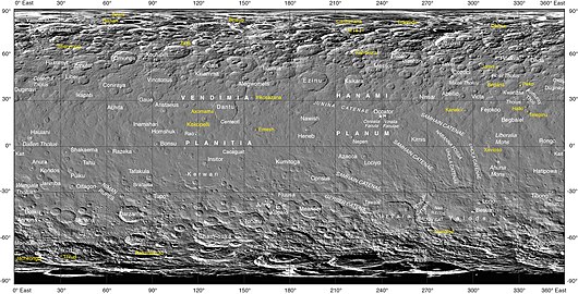 Black-and-white photographic map of Ceres, centered on 180° longitude, with official nomenclature (September 2017)