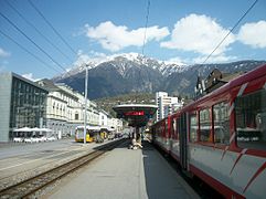 Matterhorn Gotthard Bahn's stop next to the SBB station (left) in Brig, Switzerland