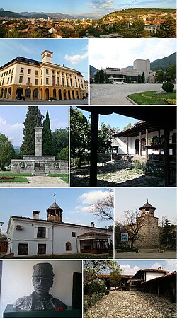 Top:Panorama view of Downtown Sliven, 2nd left:Sliven City Hall, 2nd right:Stefan Kirov Drama Theater, 3rd left:Monument of Hadji Dimitar, 3rd right:Hadji Dmitar House Museum, 4th left:Saint Dimitar Cathedral, 4th right:Sliver Clock Tower, Bottom left:A bust chieftain of Hadji Dimitar in Dmitar House Museum, Bottom right:Slivenski Bit Museum