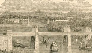 Al fondo, puente colgante de Menai (Thomas Telford, 1826). En primer plano, puente tubular Britannia (Robert Stephenson, 1850). Vista ca. 1850.