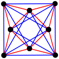 3{3}3, or , with 8 vertices in black, and 8 3-edges colored in 2 sets of 3-edges in red and blue[12]