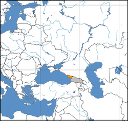 Map centered on the Caucasus indicating Abkhazia (orange), and Georgia proper and South Ossetia (both grey).