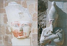 These two statues once resembled each other, however, the symbols of her pharaonic power: the Uraeus, Double Crown, and traditional false beard have been stripped from the left image; many images portraying Hatshepsut were destroyed or vandalized within decades of her death, possibly by Amenhotep II at the end of the reign of Thutmose III, while he was his co-regent, in order to assure his own rise to pharaoh and then, to claim many of her accomplishments as his.