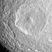 Cassini view of Herschel, showing crater wall albedo variation in lower left quadrant.