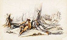 A graphic hand drawn color illustration of two dead body’s of a union and confederate soldier. Both of their heads are blown off with their tongues sticking out.