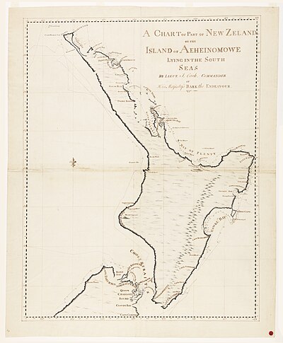 Carta náutica manuscrita de la Isla Norte de Nueva Zelanda, realizada durante el primer viaje por James Cook.