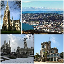 Clockwise from top: First Church of Otago, cityscape seen from Signal Hill lookout, Larnach Castle, Anglican Cathedral and Town Hall on The Octagon