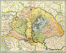 Multicolored map of Central Europe before the arrival of the Hungarians