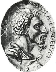 Renaissance medal with the legend, "Atila, Flagelum Dei" (dubiously-spelled Latin for "Attila, Scourge of God")