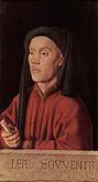 Leal souvenir por Jan van Eyck 1432. Un chaperon simple de lana, con bourrelet,y cornette cayendo hacia adelante.[1]​