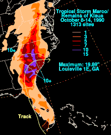 A rainfall map depicting precipitation from both a tropical storm and the remnants of a hurricane