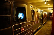 NYCTA-operated R44 car 5240 (originally 172) on display at the New York Transit Museum.