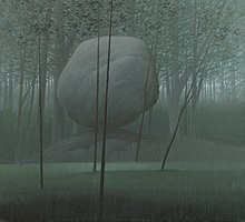 A gigantic boulder floating in a misty forest at dawn.