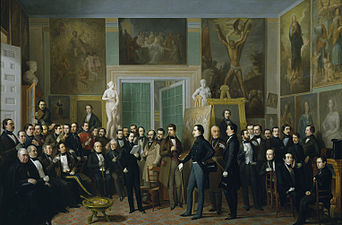 Los poetas contemporáneos. Una lectura de Zorrilla en el estudio del pintor, de Antonio María Esquivel, ca. 1846. Se representan dos generaciones del Romanticismo español.