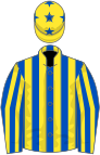 Royal blue and yellow stripes, yellow cap, royal blue stars