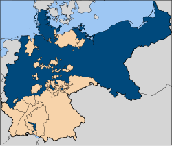 Prussia (in blue) at its height as the leading state of the German Empire