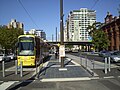 City West terminus of Glenelg Tram - left-to-right: Hyatt Regency Hotel, Riverside Building, Morphett Street bridge, multi-storey accommodation, the old Lion Flour factory