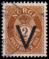 A V was stamped on Norwegian stamps by the German government during the occupation of Norway. The symbol was meant to signify victory over the Bolsheviks, but was soon adopted as a symbol of Allied victory by the occupied population. A Norwegian stamp of August 1941.