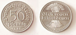 German 1920 50 pfennig coin, both sides